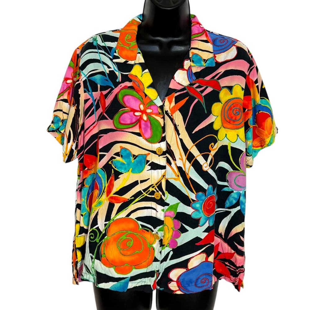 Vintage Jams World Safari Blossoms Rayon Camp Shirt Size L Floral Abstract Top